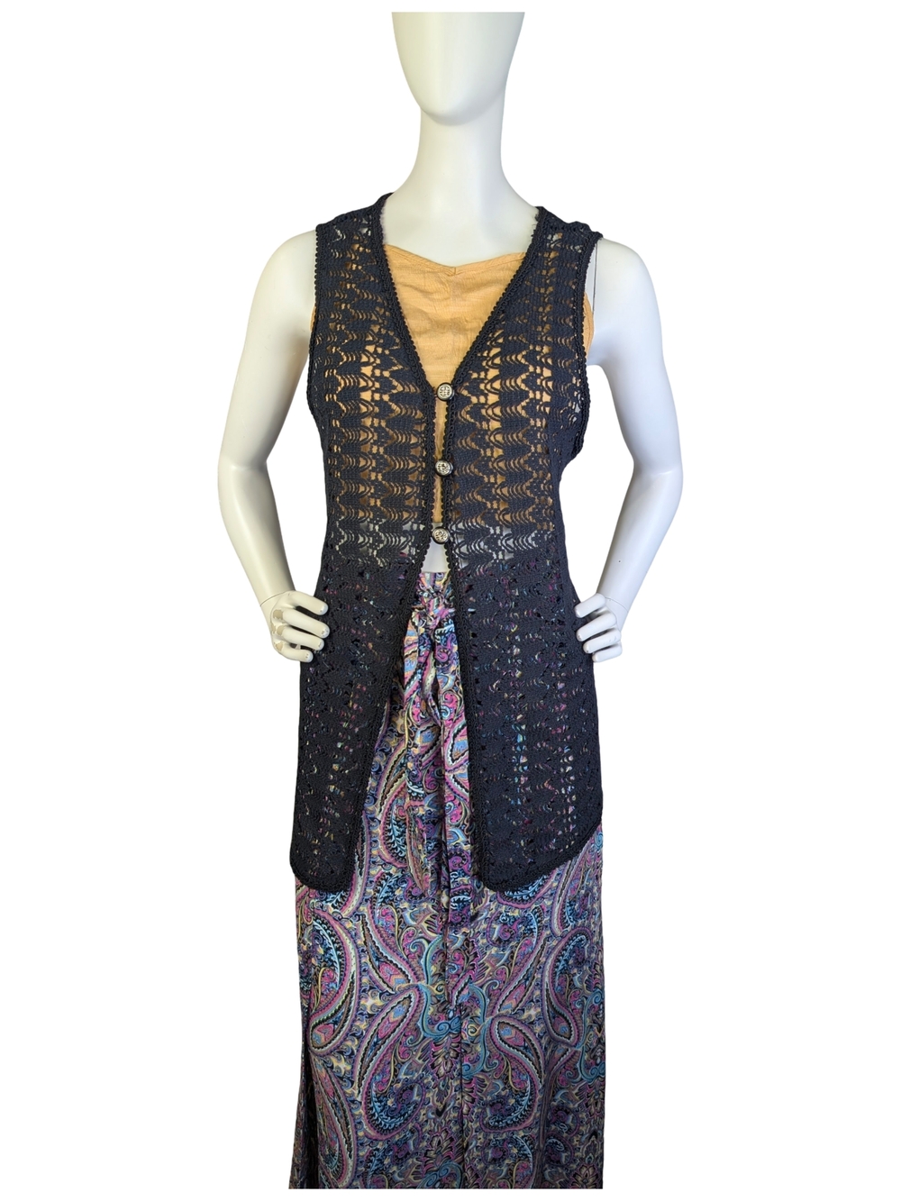 Black Open Weave Long Vest With Asian Inspired Buttons | Boho Festival | Size M